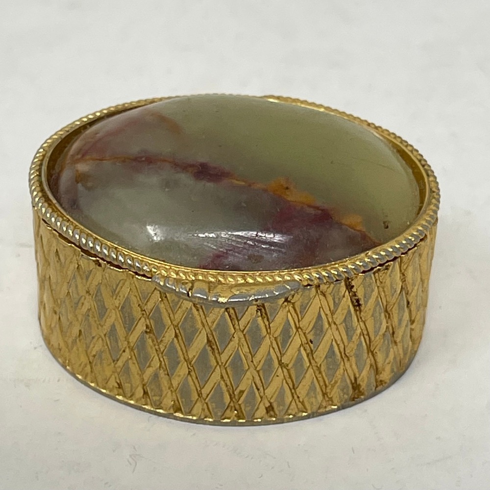 Vintage Gold Tone Oval Pill Box Green Onyx Stone Lid Diamond Pattern Trinket Box